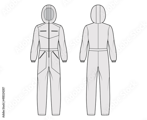 Ski jumpsuit overall jumpsuit technical fashion illustration with full length, normal waist, hood, zipper closure, high rise, pockets. Flat Dungaree front back, grey color. Women men unisex CAD mockup