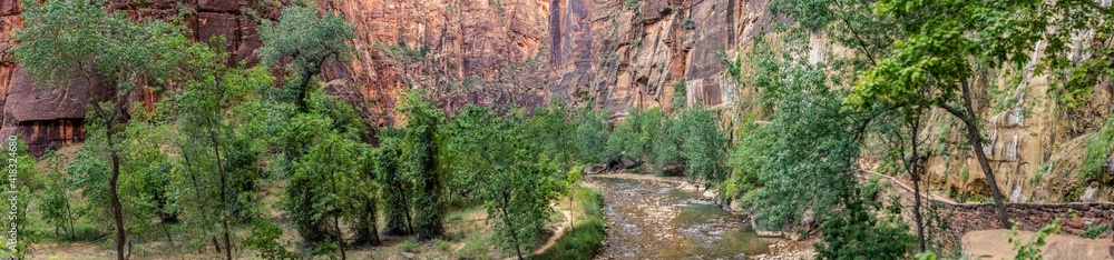 Panorama shot of stream in deep sandstone canyon in Zion national park in Utah, ameica Panorama shot of stream in deep sandstone canyon in Zion national park in Utah, ameica