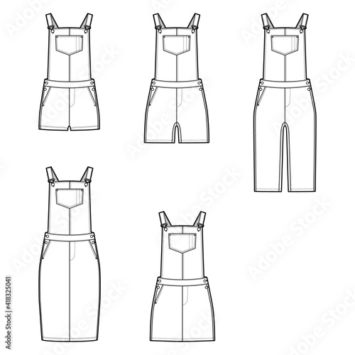 Set of Dungarees Denim overall jumpsuit dress technical fashion illustration with knee mini length, normal waist, high rise, pockets, Rivets. Flat front, white color style. Women men unisex CAD mockup