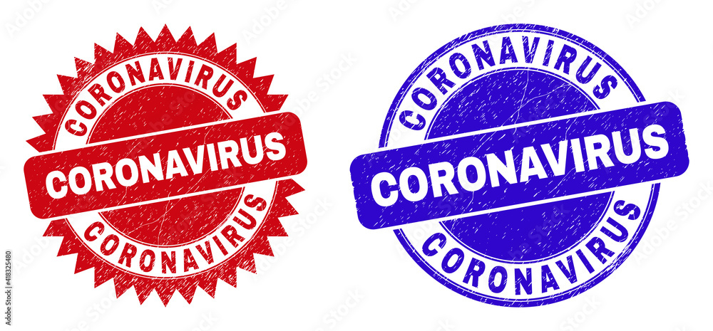Round and rosette CORONAVIRUS seal stamps. Flat vector scratched seal stamps with CORONAVIRUS slogan inside round and sharp rosette shape, in red and blue colors. Imprints with scratched texture,