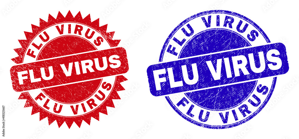 Round and rosette FLU VIRUS seal stamps. Flat vector distress seal stamps with FLU VIRUS phrase inside round and sharp rosette form, in red and blue colors. Rubber imitations with unclean texture, Round and rosette FLU VIRUS seal stamps. Flat vector distress seal stamps with FLU VIRUS phrase inside round and sharp rosette form, in red and blue colors. Rubber imitations with unclean texture,