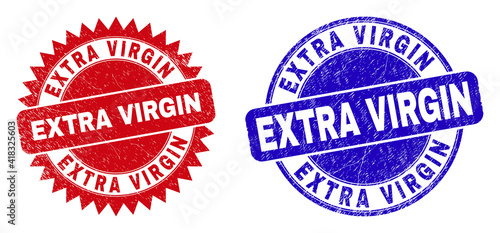 Round and rosette EXTRA VIRGIN watermarks. Flat vector scratched watermarks with EXTRA VIRGIN slogan inside round and sharp rosette shape, in red and blue colors. Imprints with unclean style,