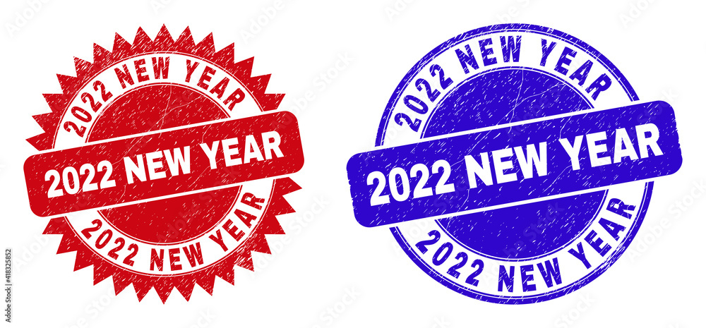 Round and rosette 2022 NEW YEAR seal stamps. Flat vector distress seal stamps with 2022 NEW YEAR tag inside round and sharp rosette shape, in red and blue colors. Watermarks with corroded surface,