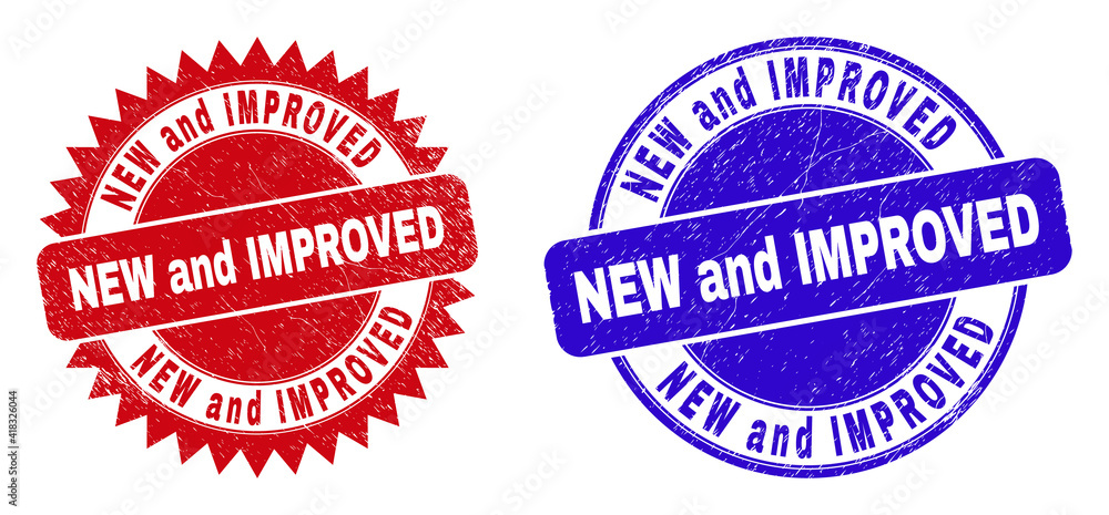 Obraz premium Round and rosette NEW AND IMPROVED seal stamps. Flat vector scratched seal stamps with NEW AND IMPROVED text inside round and sharp rosette shape, in red and blue colors.