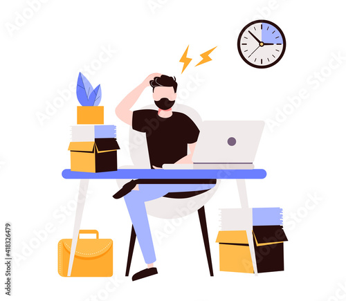 Concept of missing deadline, bad time management. Scene of tired, nervous, stressed man clutches head at work, to do list with red ticks. Flat vector cartoon illustration isolated 