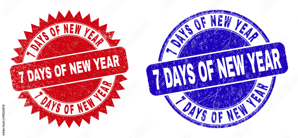 Round and rosette 7 DAYS OF NEW YEAR seal stamps. Flat vector scratched stamps with 7 DAYS OF NEW YEAR message inside round and sharp rosette form, in red and blue colors.