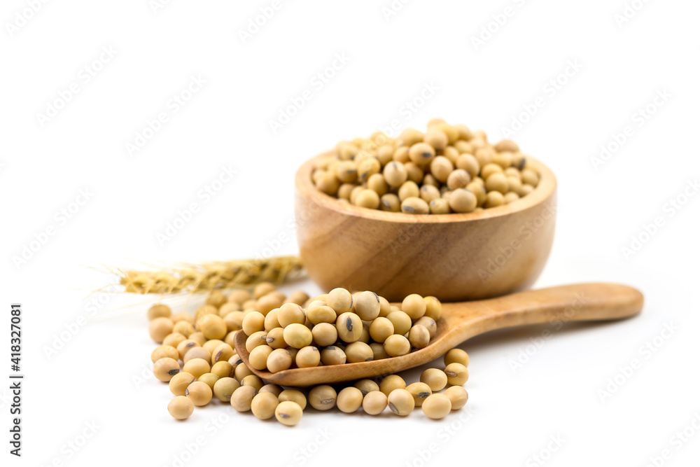 Healthy soybeans In a wooden cup On white background Healthy soybeans In a wooden cup On white background
