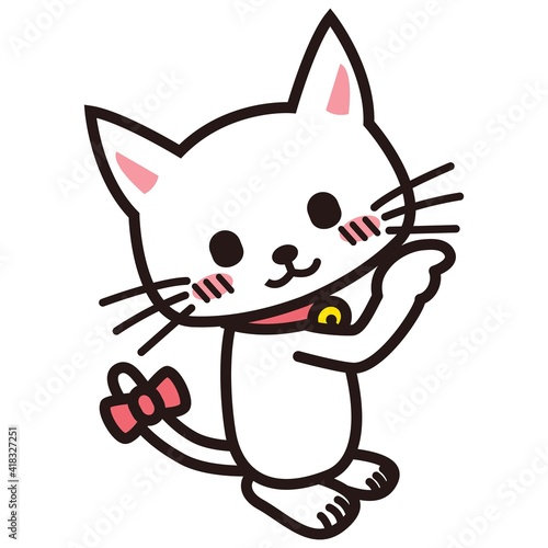 指をさして注目をさそう白い猫