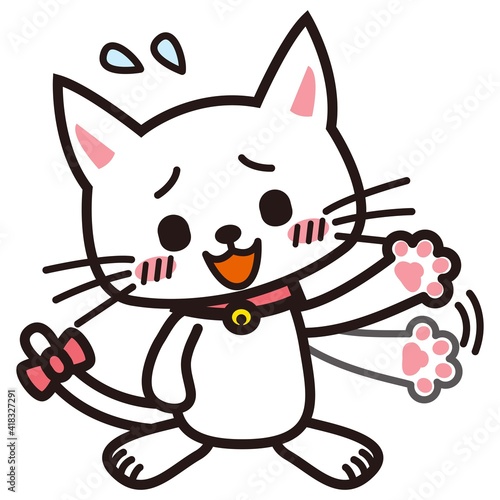 手を振って否定する白い猫