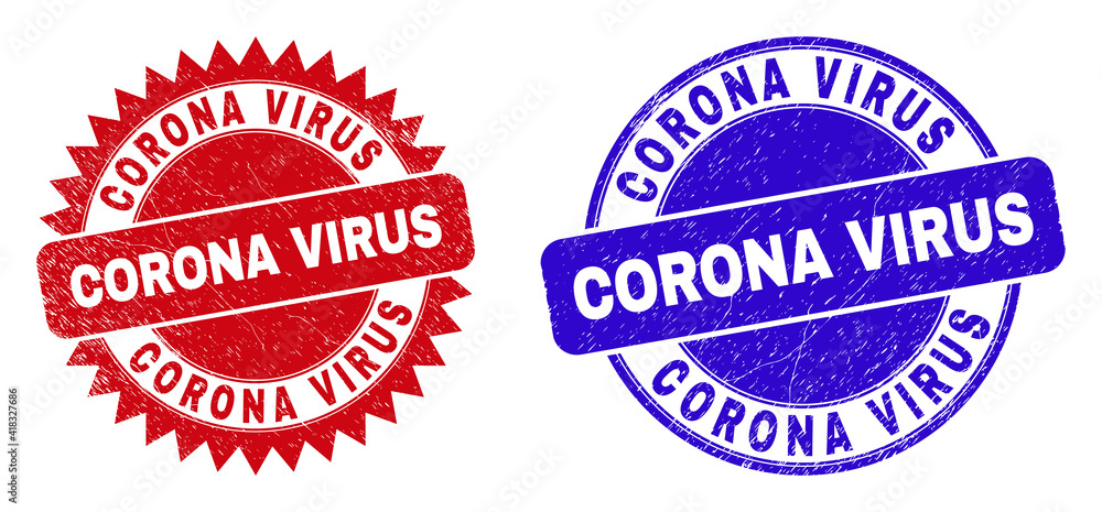 Round and rosette CORONA VIRUS seal stamps. Flat vector grunge seal stamps with CORONA VIRUS text inside round and sharp rosette shape, in red and blue colors. Imprints with grunge surface,