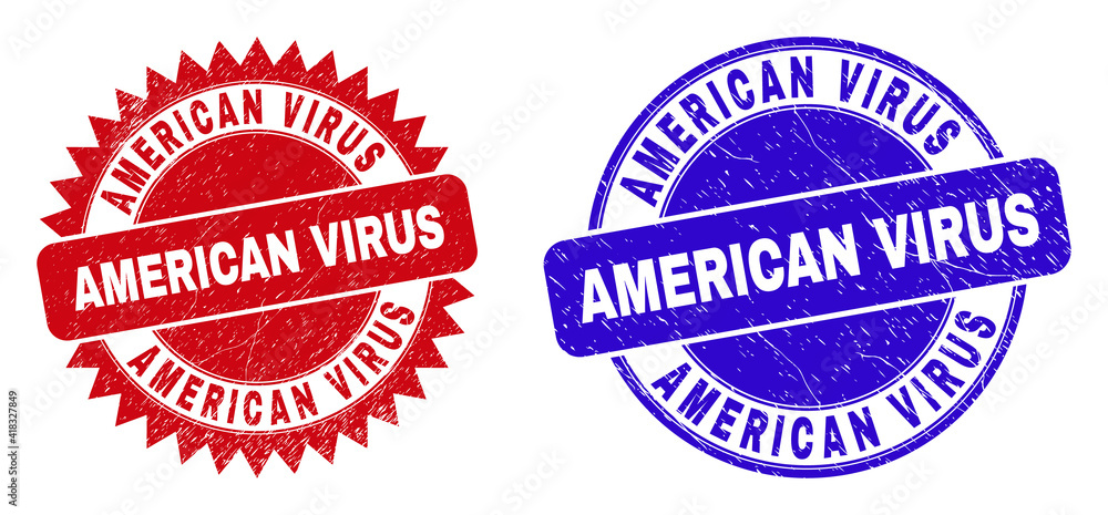 Rounded and rosette AMERICAN VIRUS seal stamps. Flat vector grunge seal stamps with AMERICAN VIRUS text inside round and sharp rosette shape, in red and blue colors. Imprints with grunge surface,