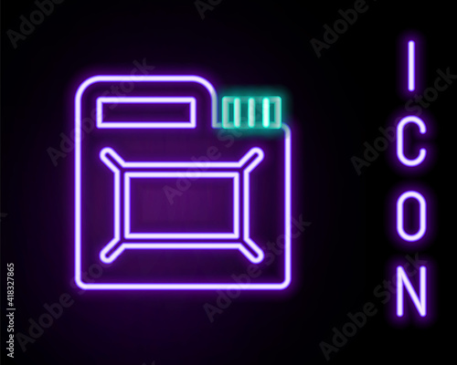 Glowing neon line Canister for motor machine oil icon isolated on black background. Oil gallon. Oil change service and repair. Engine oil sign. Colorful outline concept. Vector.