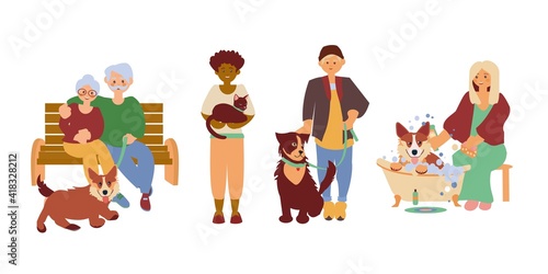 Happy pets owners Senior couple walk with corgi, african american woman hold cat, young man walk with big dog, young women wahing corgi Vector flat illustration