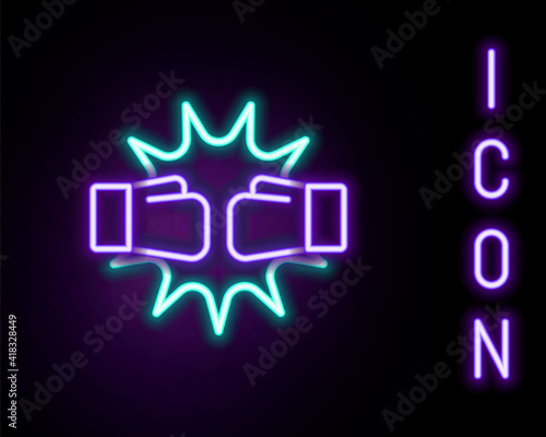 Glowing neon line Punch in boxing gloves icon isolated on black background. Boxing gloves hitting together with explosive. Colorful outline concept. Vector.