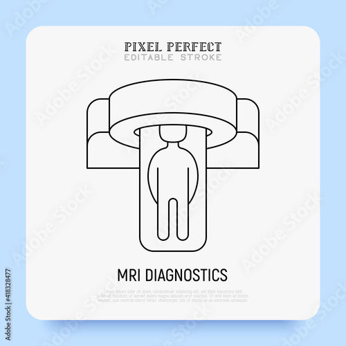 Human in MRI scanner thin line icon. Medical equipment for oncology detection. Pixel perfect, editable stroke. Vector illustration.