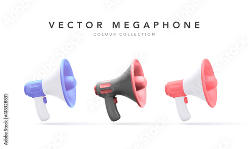 Set of 3d plastic megaphones with shadow isolated on white background. Vector illustration