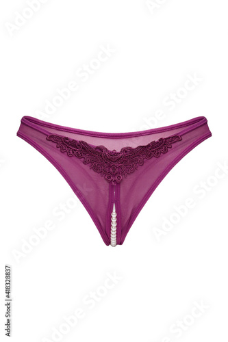Subject shot of burgundy crotchless bikini decorated with pearl string and lace embroidering. The sexy panties are isolated on the white background.