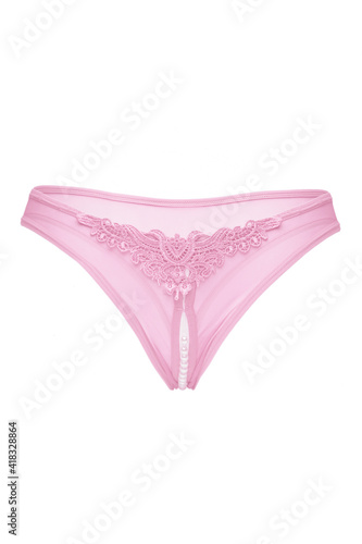 Subject shot of pale pink crotchless bikini decorated with pearl string and lace embroidering. The sexy panties are isolated on the white background.