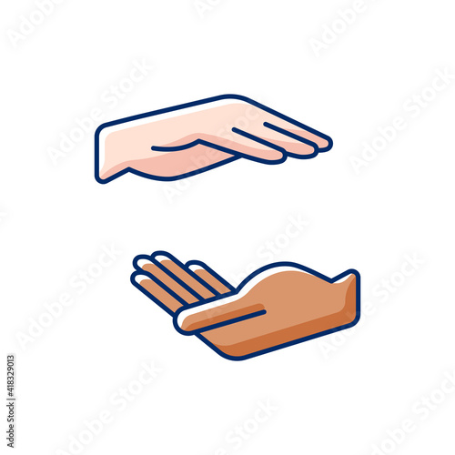 Two hands holding something RGB color icon. Free space for the premises of the object. Empty space between hands. Gesturing. Improving ability to explain. Maternal care. Isolated vector illustration