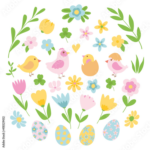 Easter spring set of cute birds, chickens, Easter eggs, flowers, grass, buds. Hand drawn flat cartoon elements. Vector illustration.
