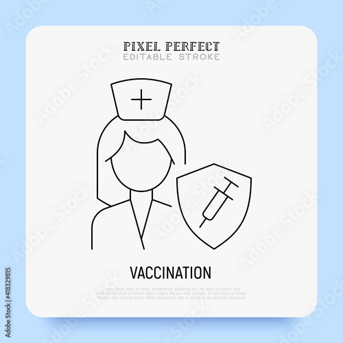 Coronavirus vaccination for medical staff. Virus protection: nurse is protected by shield with vaccine. Immune system. Thin line icon. Pixel perfect, editable stroke. Vector illustration.
