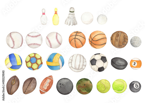 Watercolor Sports balls Hand drawn colorful clipart