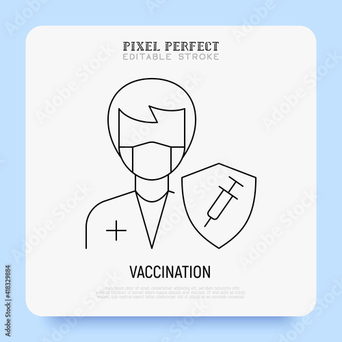 Coronavirus vaccination for medical staff. Virus protection: doctor is protected by shield with vaccine. Immune system. Thin line icon. Pixel perfect, editable stroke. Vector illustration.