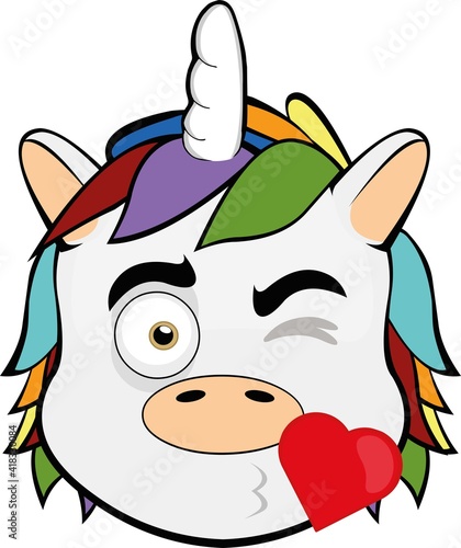 Vector emoticon illustration of the head of a cartoon unicorn giving a heart-shaped kiss