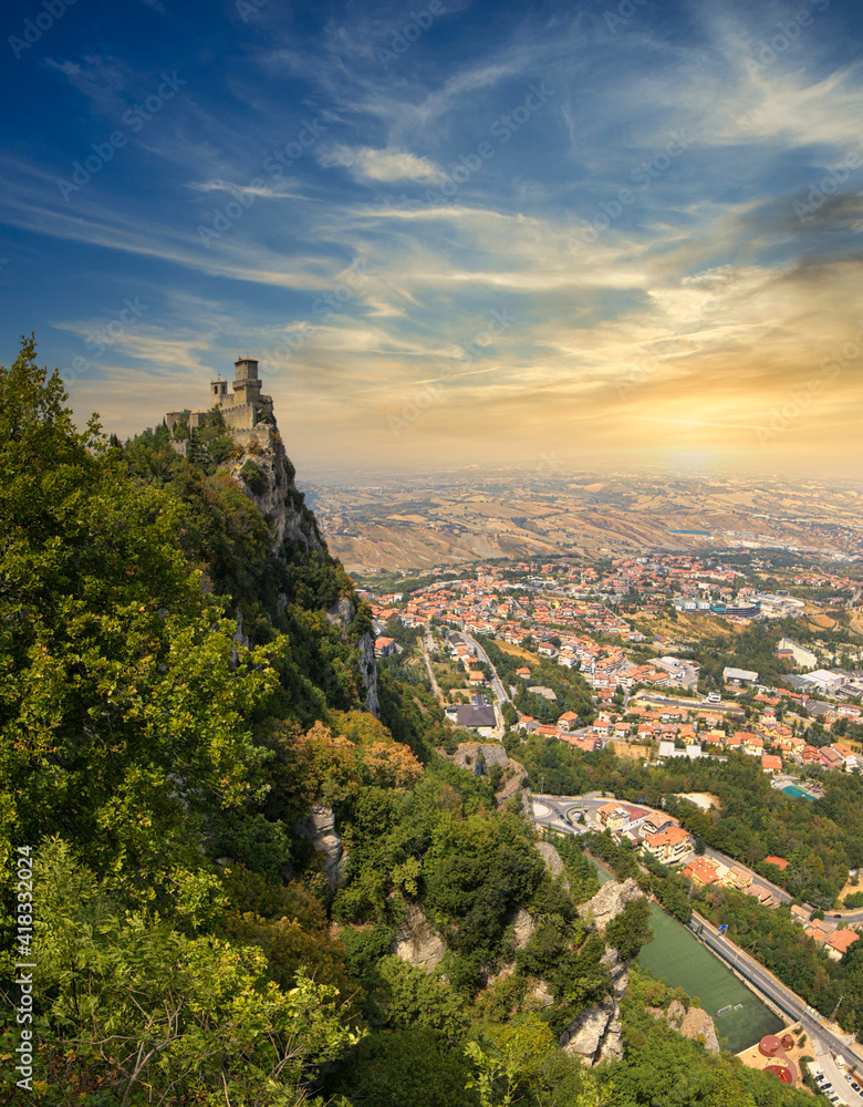 panoramic scenic view of the republic of San Marino at sunset panoramic scenic view of the republic of San Marino at sunset