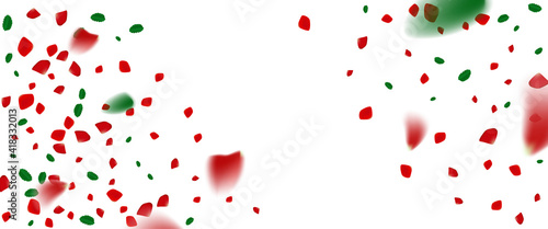 Rose confetti on white background. Ped flowers blossom. Romantic creative composition. Love concept.