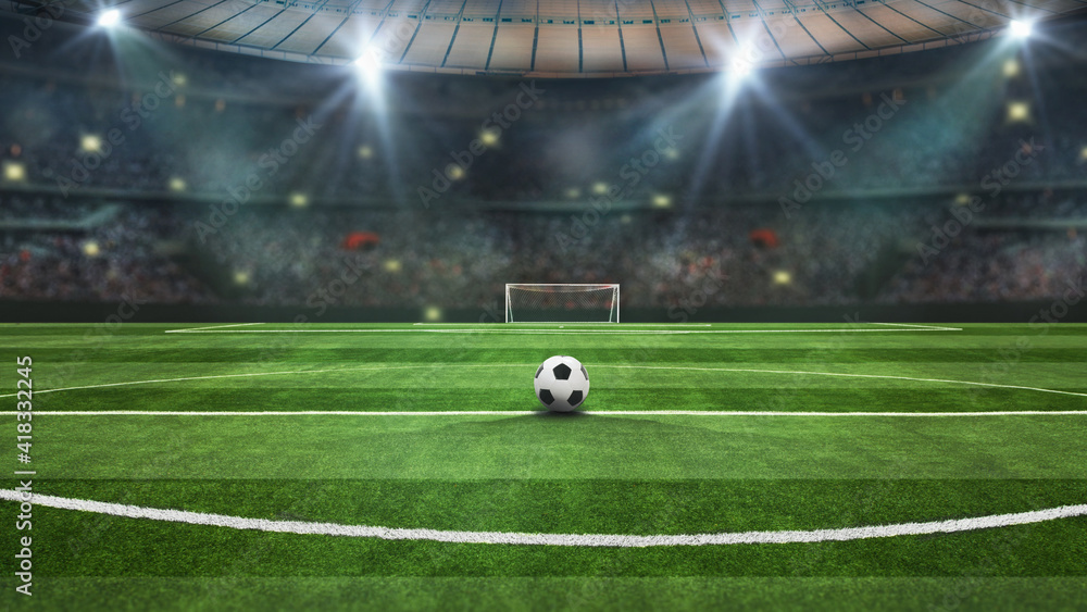 Fototapeta premium ball in green field in soccer stadium. ready for game in the midfield