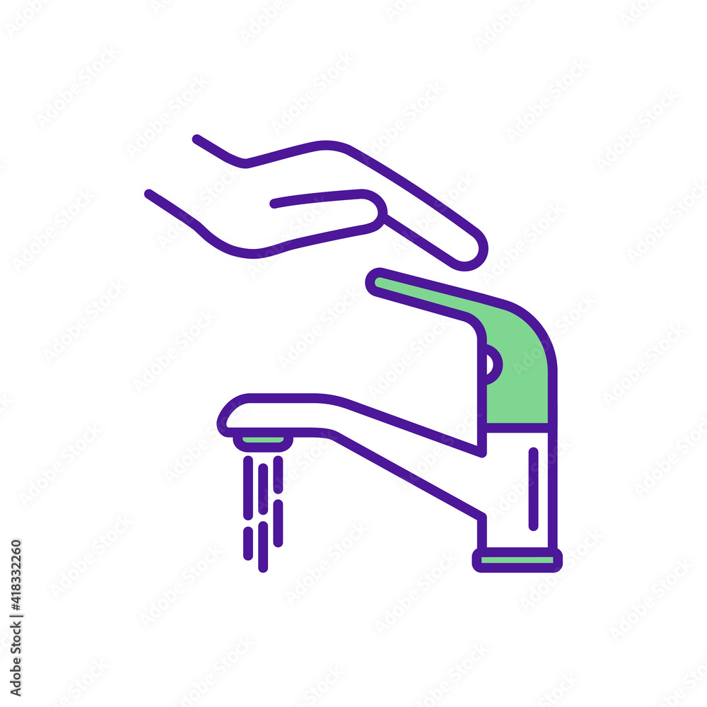 Closing tap RGB color icon. Water saving. Sensible human consumption. Household faucet. Using water for washing, drinking. Energy conservation. Spending minimization. Isolated vector illustration