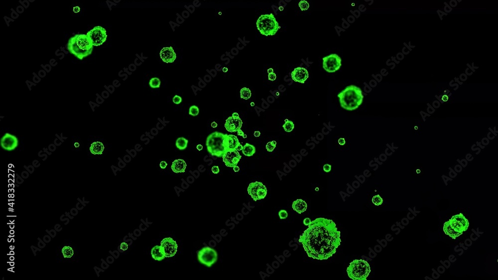 Green virus particles beautiful illustration on plain black background
