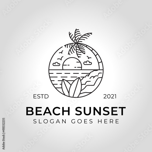 line art logos of Beach sunset, summer vibes vacation logo mono line illustration