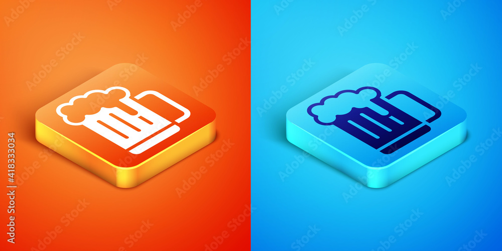 Isometric Wooden beer mug icon isolated on orange and blue background. Vector. Isometric Wooden beer mug icon isolated on orange and blue background. Vector.