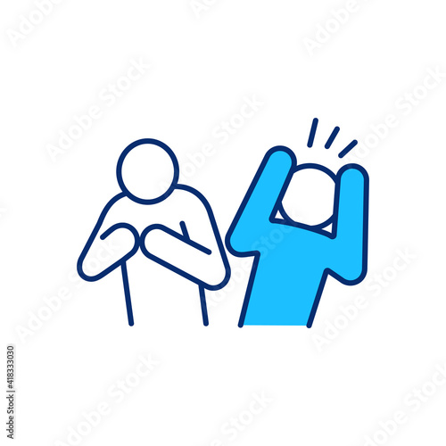 Culture shock RGB color icon. Communication problems. Confusion feeling in foreign cultural environment. Personal disorientation. Differing attitudes and customs. Isolated vector illustration