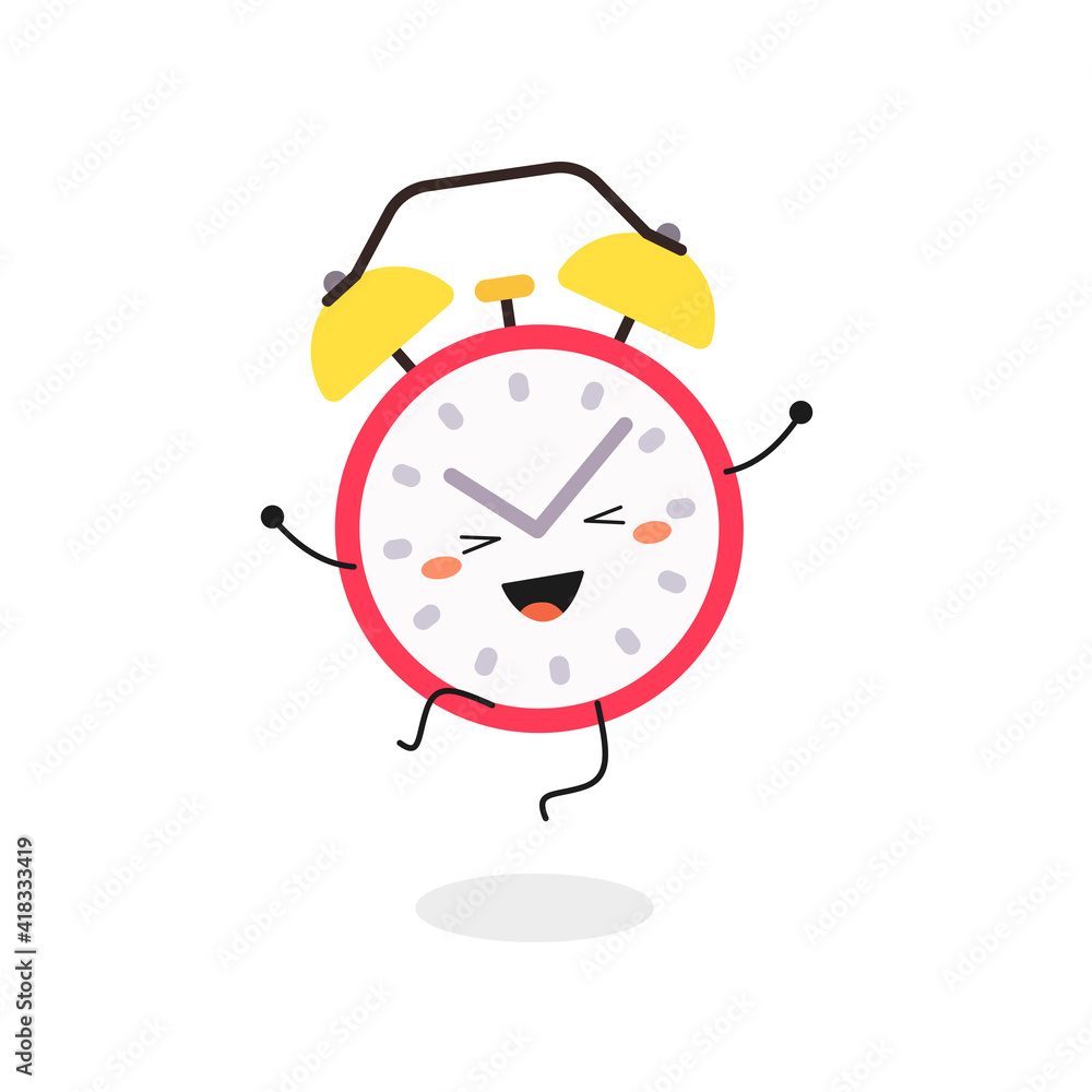 Cute happy cartoon alarm clock happy jumping Stock-Vektorgrafik | Adobe  Stock