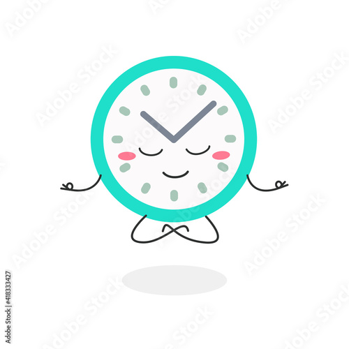 Calm cartoon clock levitating in lotus pose