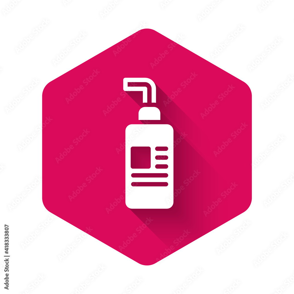 White Cream or lotion cosmetic tube icon isolated with long shadow background. Body care products for woman. Pink hexagon button. Vector. White Cream or lotion cosmetic tube icon isolated with long shadow background. Body care products for woman. Pink hexagon button. Vector.