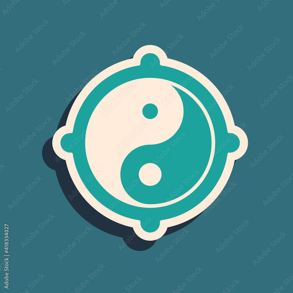 Green Yin Yang symbol of harmony and balance icon isolated on green background. Long shadow style. Vector. Green Yin Yang symbol of harmony and balance icon isolated on green background. Long shadow style. Vector.