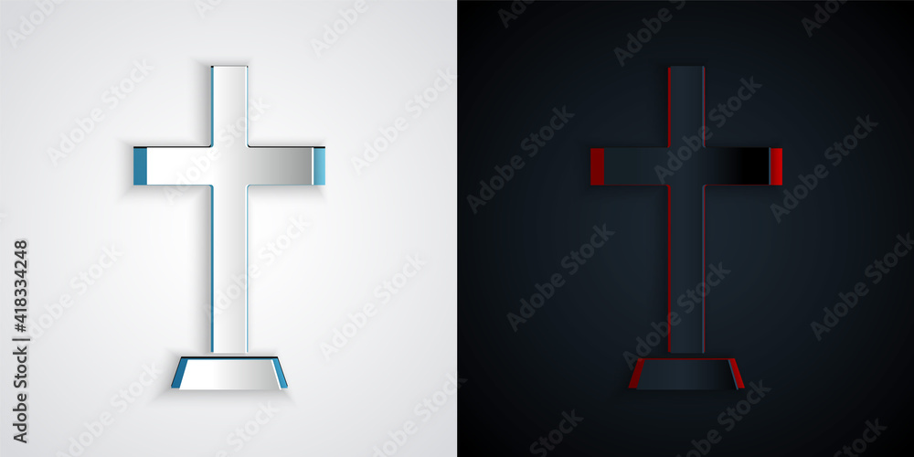 Obraz premium Paper cut Christian cross icon isolated on grey and black background. Church cross. Paper art style. Vector.