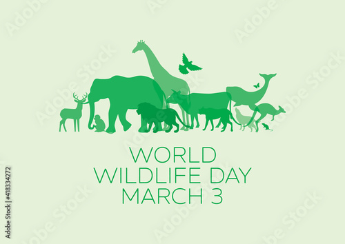 World Wildlife Day Poster with green silhouettes of wild animals icon vector. Wild animals silhouette set. Environmental icon vector. Group of animals icon. Wildlife Day Poster, March 3. Important day