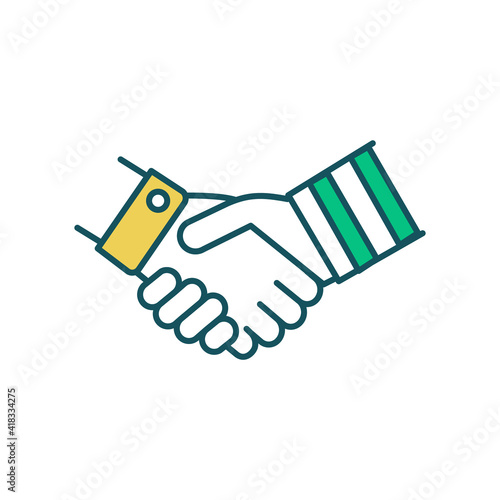 Dealmaking in business RGB color icon. Cooperation, collaboration. Successful negotiation process. Lobbying. Beneficial outcome. Business arrangements. Reaching agreement. Isolated vector illustration