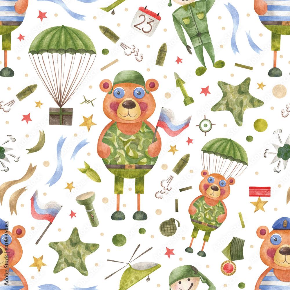 Cute characters in green military uniform, defender of the fatherland day, paratrooper and special forces for postcards, textiles and wrapping paper.