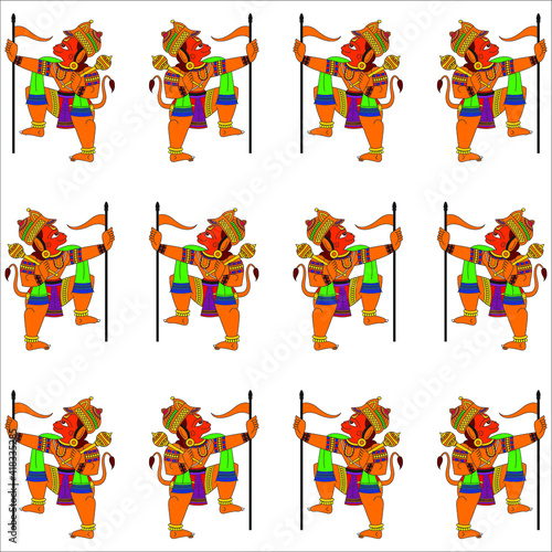 Monkeyface god of power, lord Hanuman or Bajaragbali. Drawn in Indian folk art Pinguli style. for textile printing, logo, wallpaper