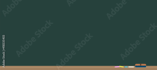 横長の黒板とチョーク・黒板消し・マグネットのセット - 学校の物の背景  (チョークの粉・木目なし）