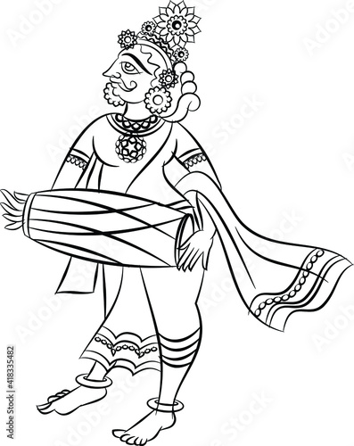 Kalamkari Indian traditional art on linen fabrics. Gopika or Lord's lady servants are drawn in different backgrounds. for textile printing, logo, wallpaper