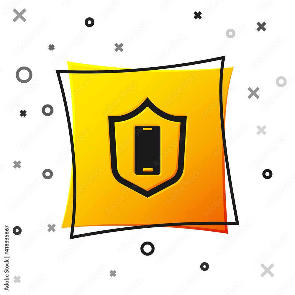 Black Smartphone, mobile phone with security shield icon isolated on white background. Security, safety, protection concept. Yellow square button. Vector. Black Smartphone, mobile phone with security shield icon isolated on white background. Security, safety, protection concept. Yellow square button. Vector.