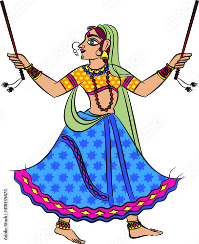 Lord's Gopika, Sevika, or lady servants in Indian mythology. who serves God. Wall painting in Rajasthan India. Kalamkari