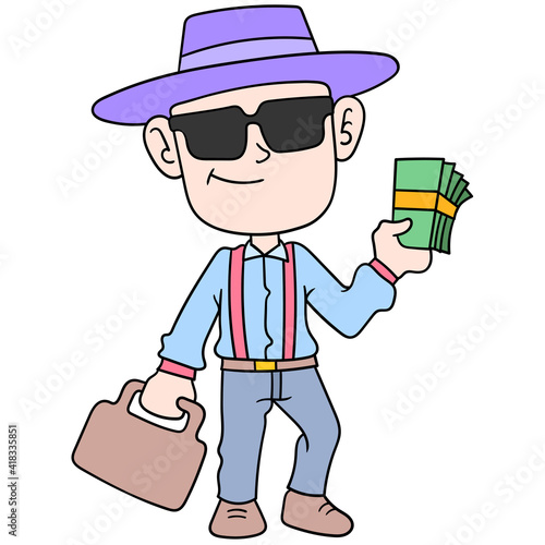 a rich man with a cool appearance brings a lot of money to do business, doodle icon image kawaii
